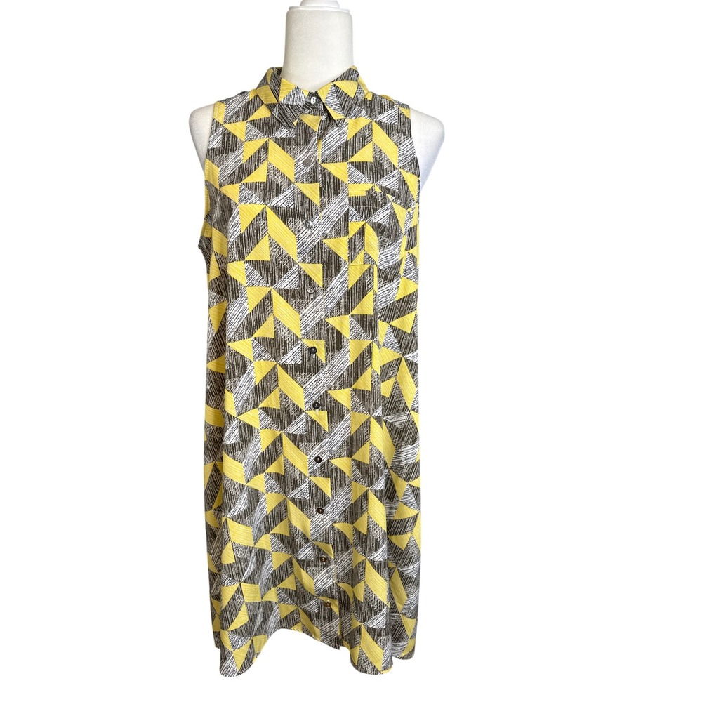 Alfani Womens Yellow Grey‎ Geometric Triangle Sleeveless Button Front Dress 10 - Picture 2 of 9